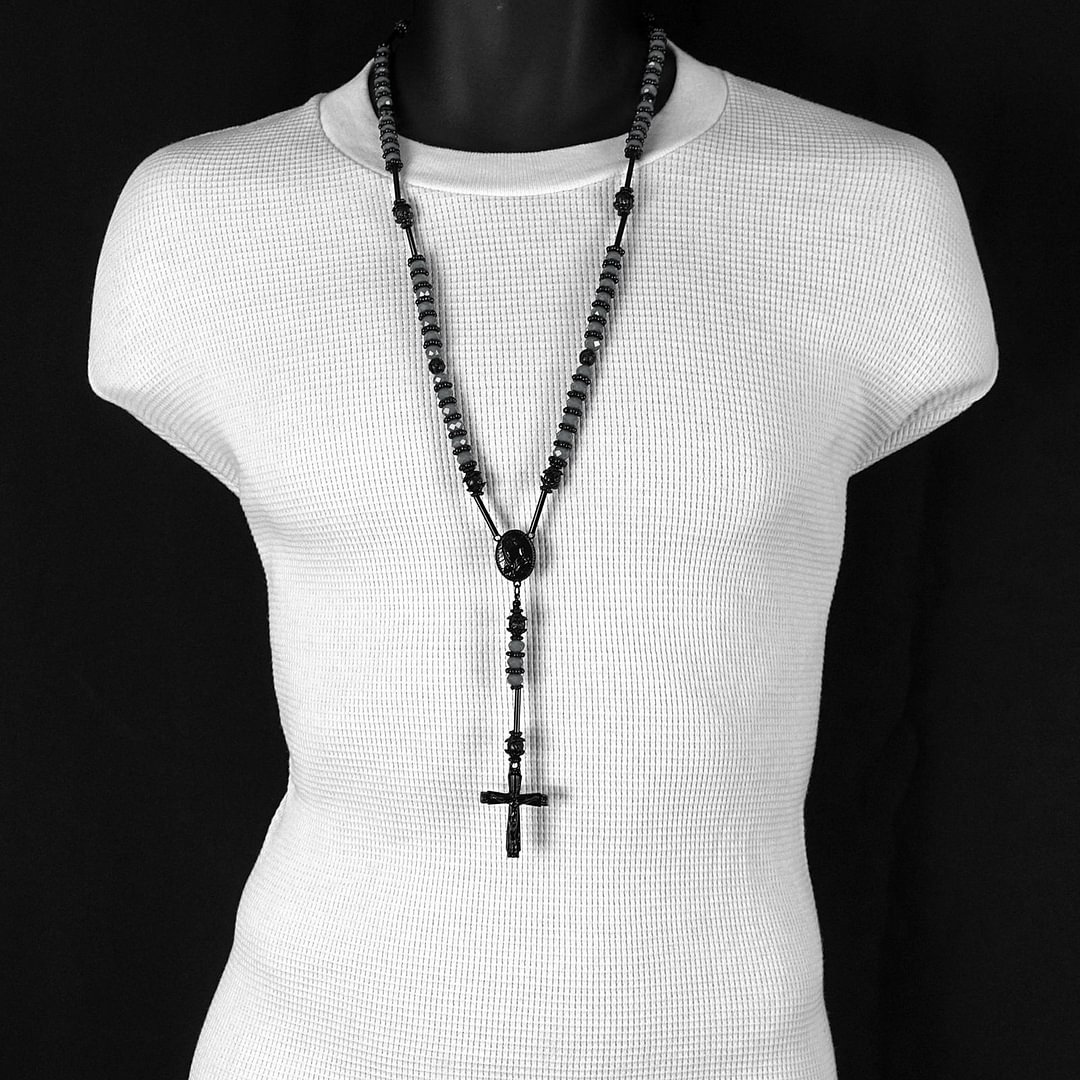 Gray black Crystal Beads Rosary With PRAYER & Cross Pendants-VESSFUL