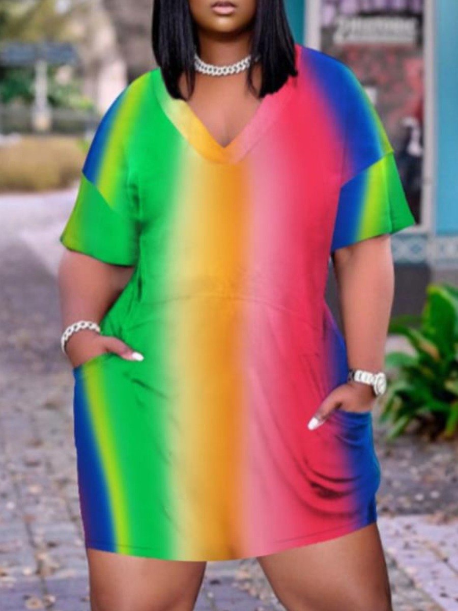 Casual V Neck Rainbow Striped Multicolor MiniPlus Size Dress