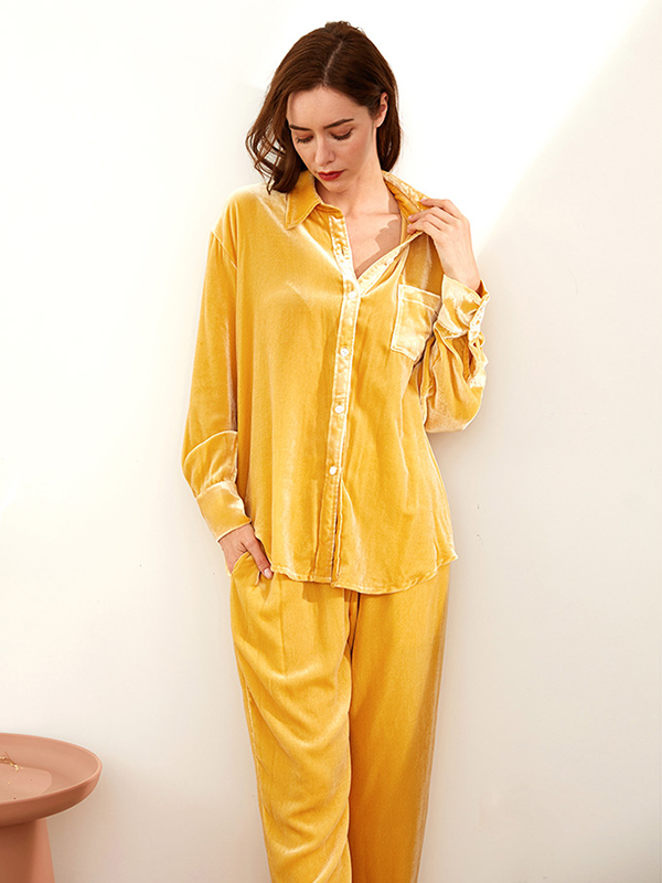Casual Long Velvet Silk Pajamas For Women Yellow