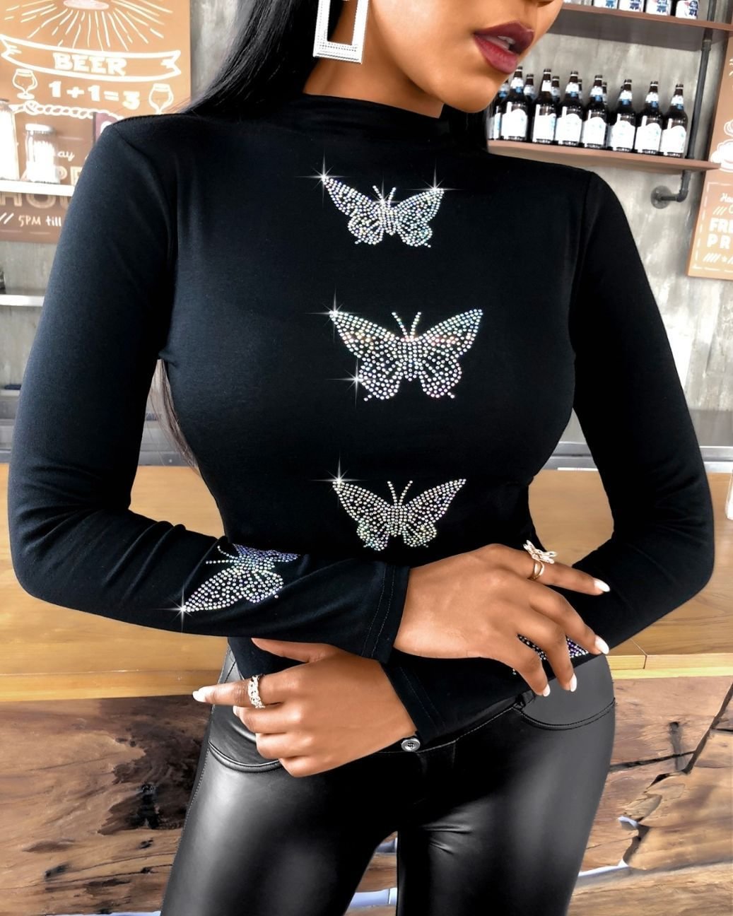 Butterfly Pattern Studded Long Sleeve Top P10380