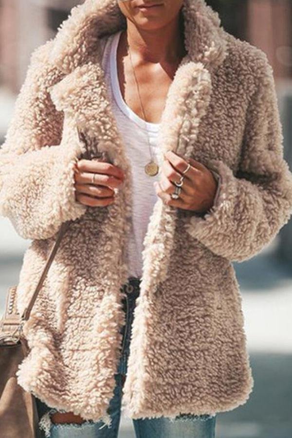 Fluffy Long Sleeve Solid Color Lapel Coat P12044