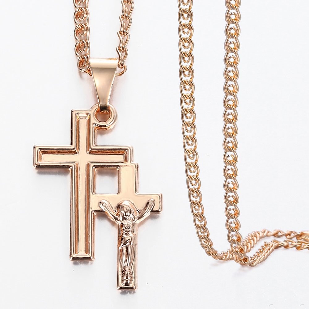 Rose Gold Big Jesus Cross Chain Men's Pendant Necklace Gifts-VESSFUL