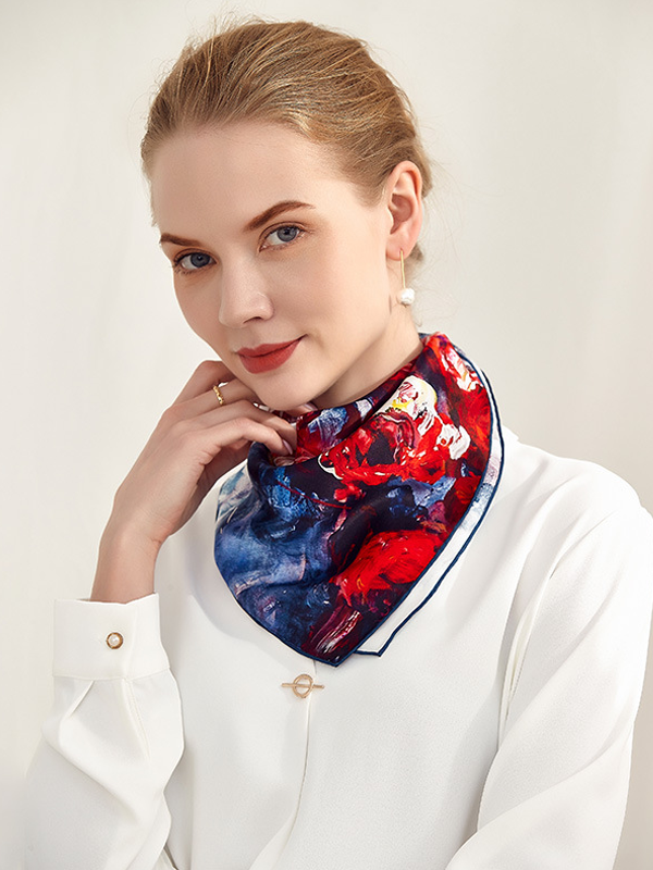 Silk Square Scarf Red Floral Oil Painting Fashion Style