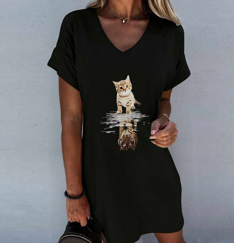 Women's T Shirt Dress Tee Dress Short Mini Dress White Black Gray Short Sleeve Animal Print Summer V Neck Casual 2022