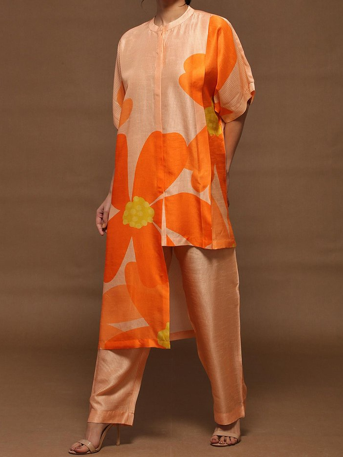 Orange Flower Print Asymmetrical Trimming Casual Two-piece Shirt Suits