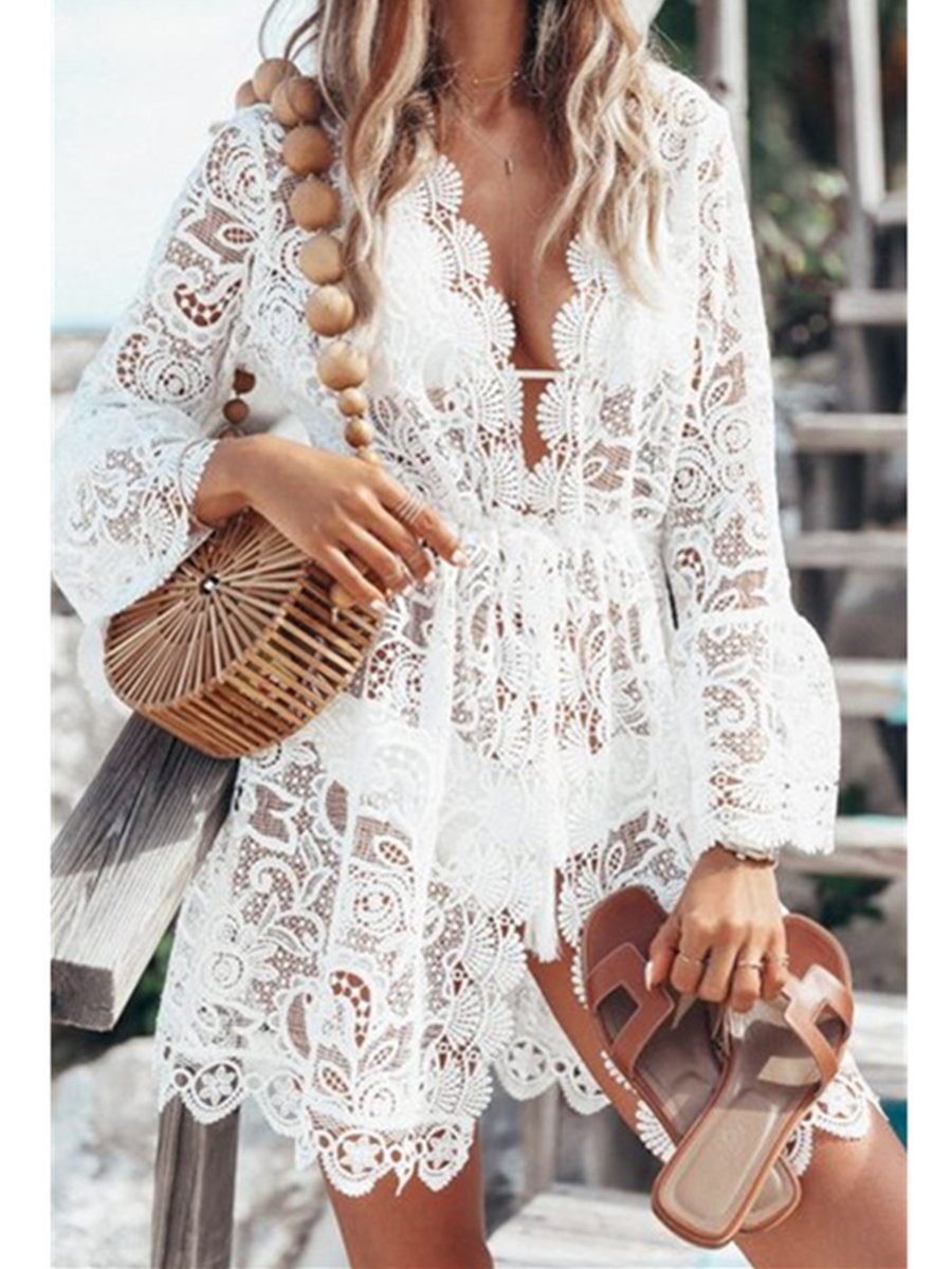 Solid Lace V-Neck Long Sleeve Blouse Beach Dress P15164