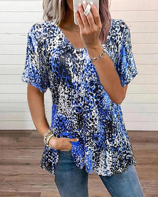 Fashion women's leopard print short-sleeved V-neck plus size T-shirt