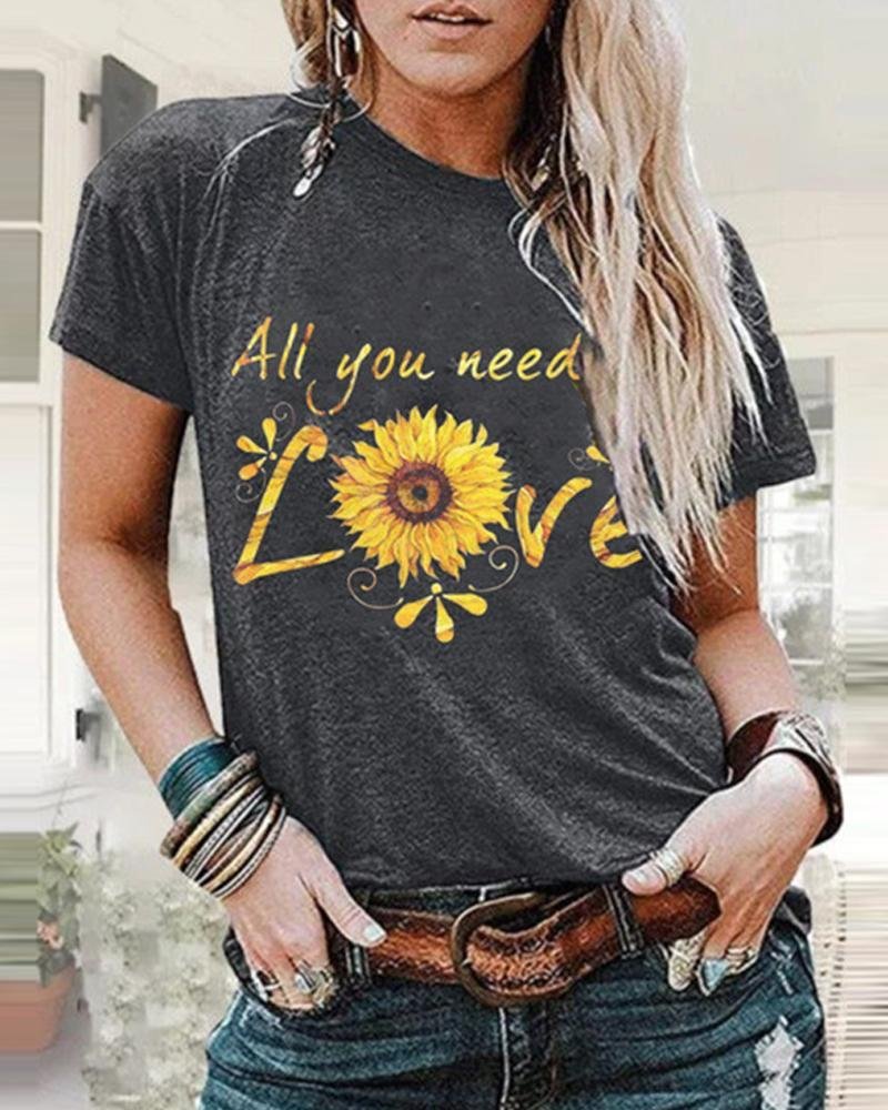 Sunflower Print Round Neck T-shirt P15717