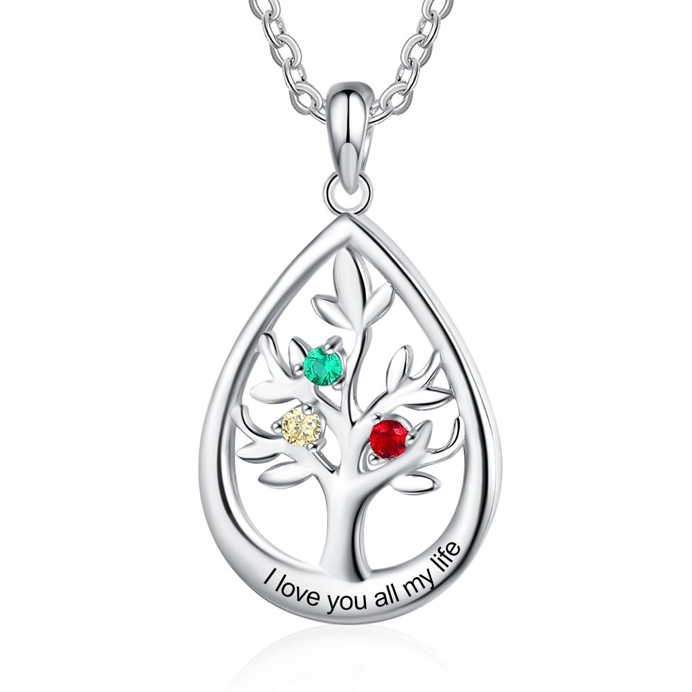 Personalized Tree of Life Water Drop Necklace with 3 Birthstones and 1 Text