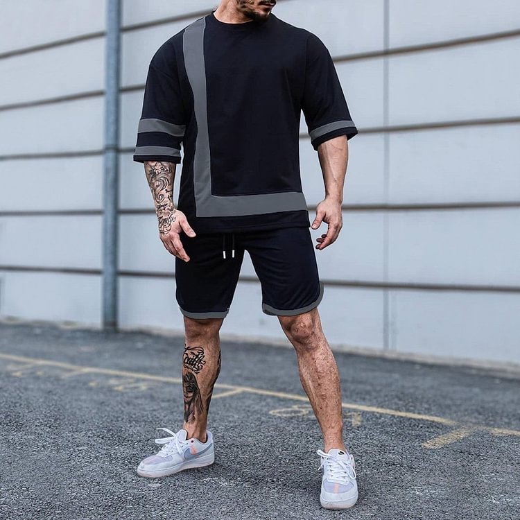 BrosWear Fashion Men Colorblock Casual Short Sleeve T-Shirt Set