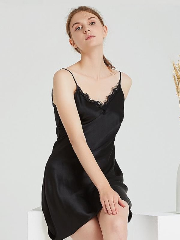 19 Momme Luxury Black Sexy Eyelash Laced Silk Nightgown-Real Silk Life