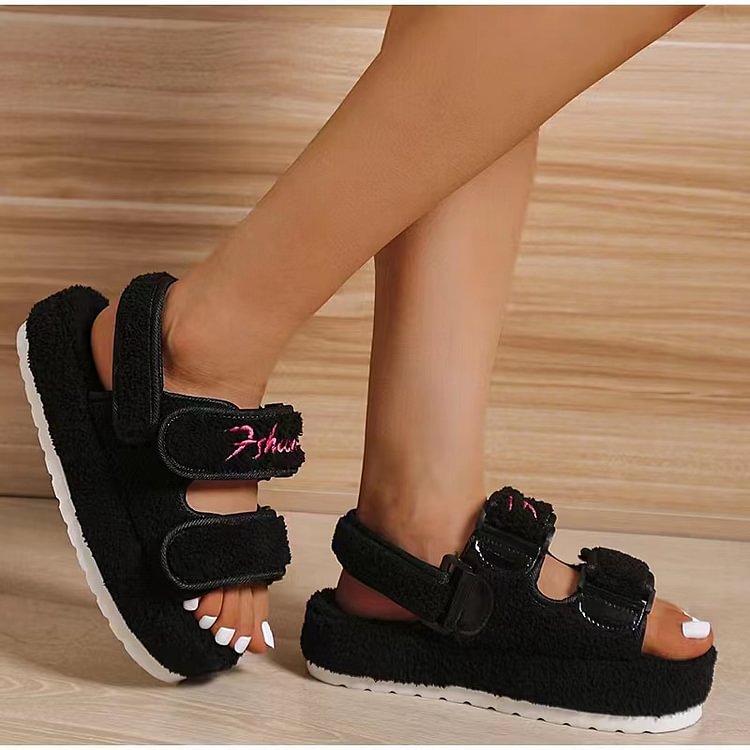 New Thick Sole Plush Women Sandals Velcro Fashion Comfortable Fish Mouth Shoes