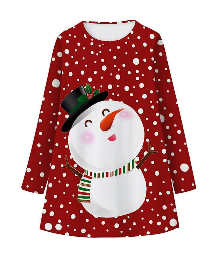 Mayoulove Cute Snowman Print Girls Red Christmas Long Sleeve Dress-Mayoulove