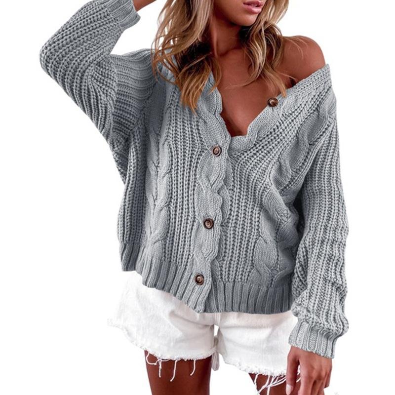 Autumn Winter Sweater V-Neck Long Sleeve Cardigan Casual Solid Color Sweater-Corachic