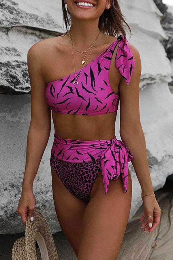 Women One Shoulder Leopard Print Two-piece Swimsuit-Allyzone-Allyzone