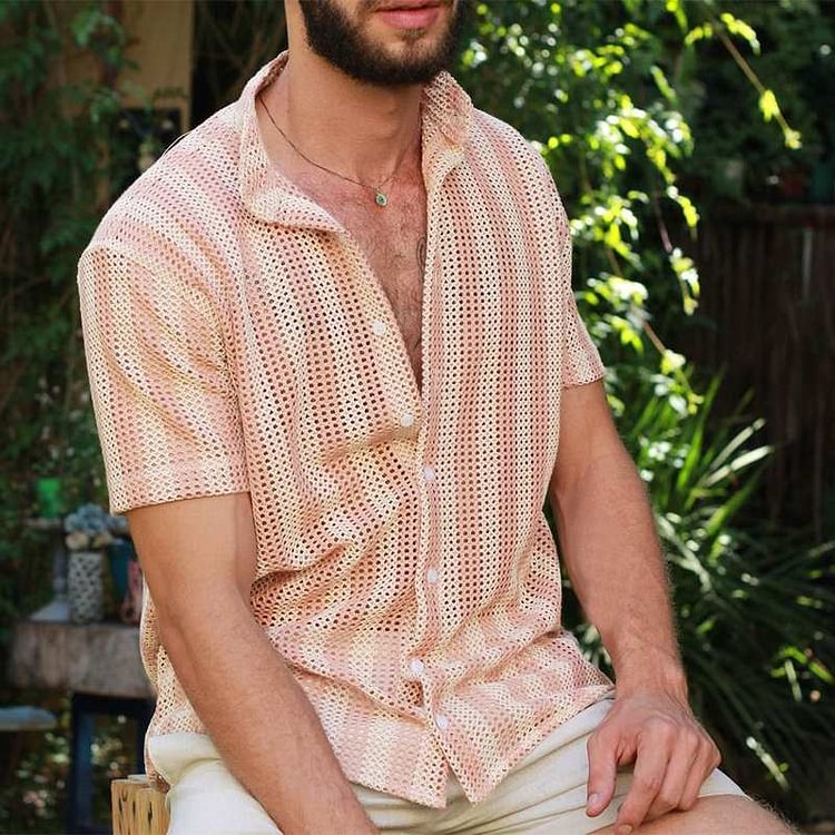 Pink Striped Mesh See-Through Summer Lapel Short Sleeve Men's Shirts