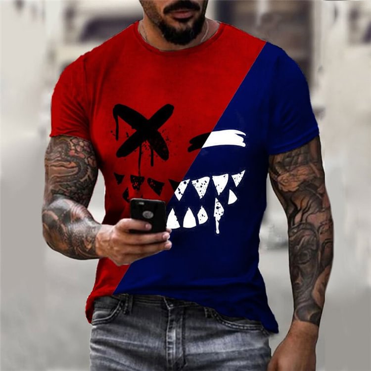 BrosWear Fashion Contrast Color Short Sleeve T-Shirt red blue