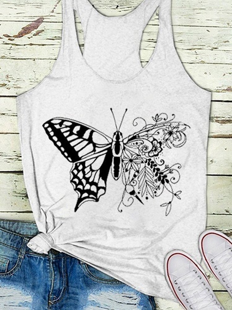 Black Butterfly Printed Casual Sleeveless Vest-Mayoulove