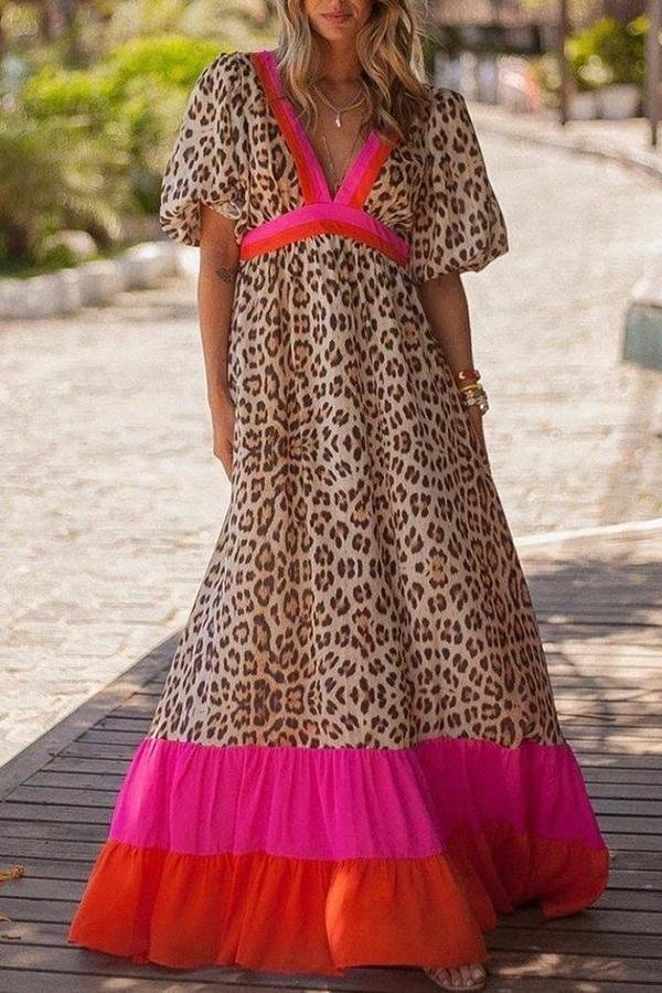 Deep V-Neck Leopard Color Block Maxi Dress P11231