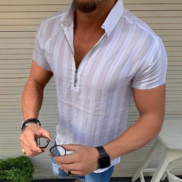 BrosWear Striped Zipper Short Sleeve Shirt white
