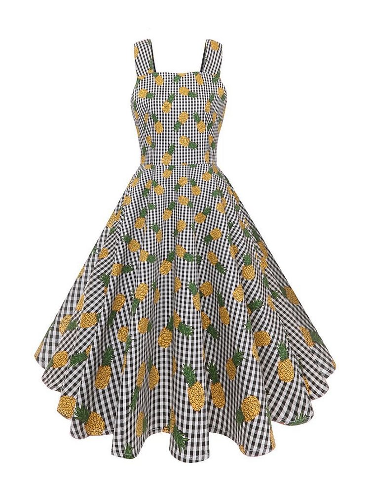 Mayoulove 50s Retro Plaid Sundress Hawaiian Print Midi Big Swing Dress-Mayoulove