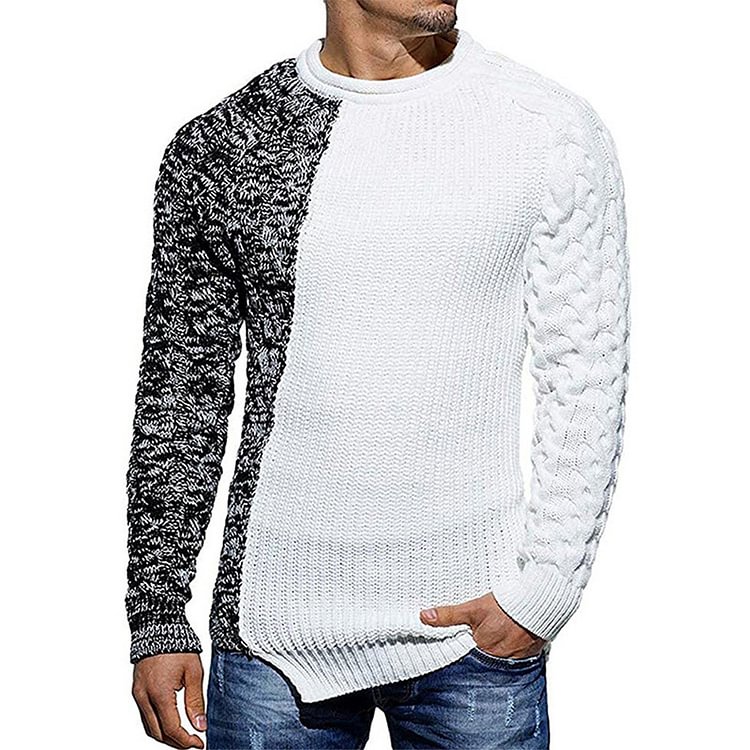 BrosWear Color-Block Crew Neck Jacquard Sweater