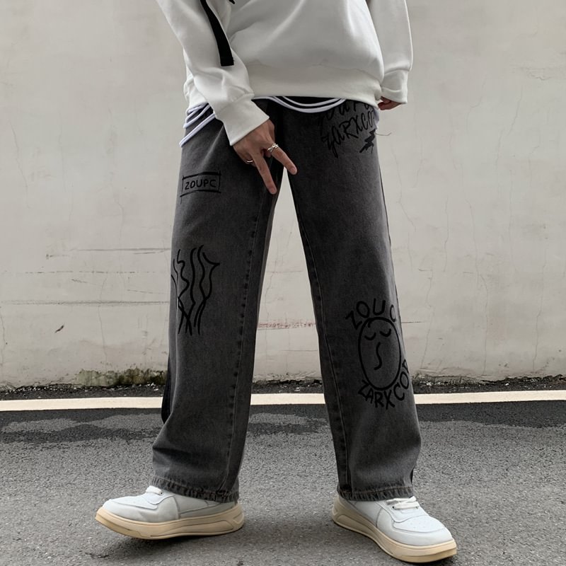 Men's Washed Graffiti Print Jeans / Techwear Club / Techwear