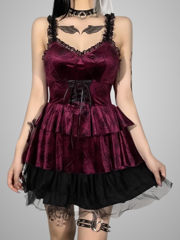Gothic Dark Party Elegant Velvet Solid Color Rose Printed Tight Waist Spaghetti Dress
