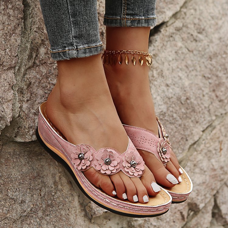 Wedge Solid Color Casual Flower Slippers Women's Comfy Beach Sandals - vzzhome