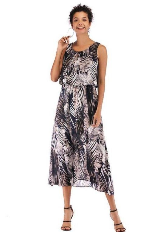 Printed pleated vest dress with suspender P14256