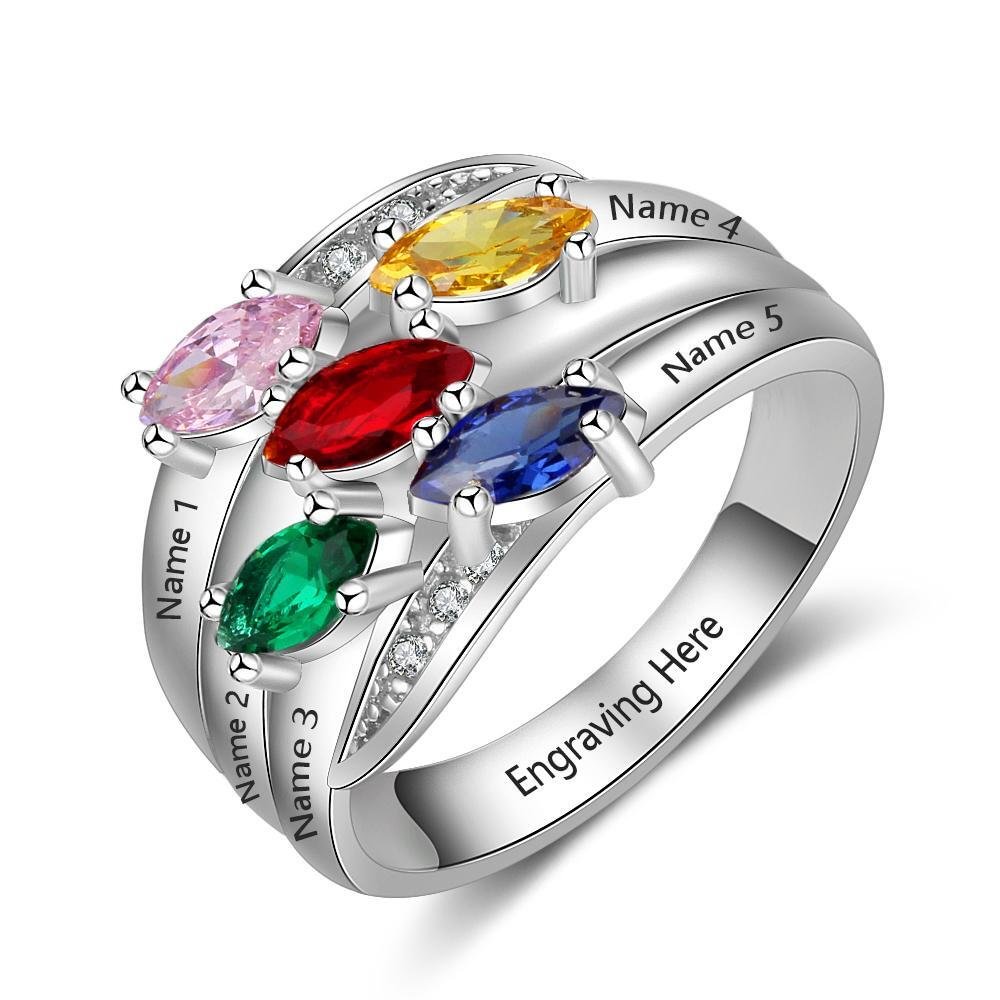 Personalized Birthstone Ring with 5 Birthstone, 5 Names and 1 Inner Engraving