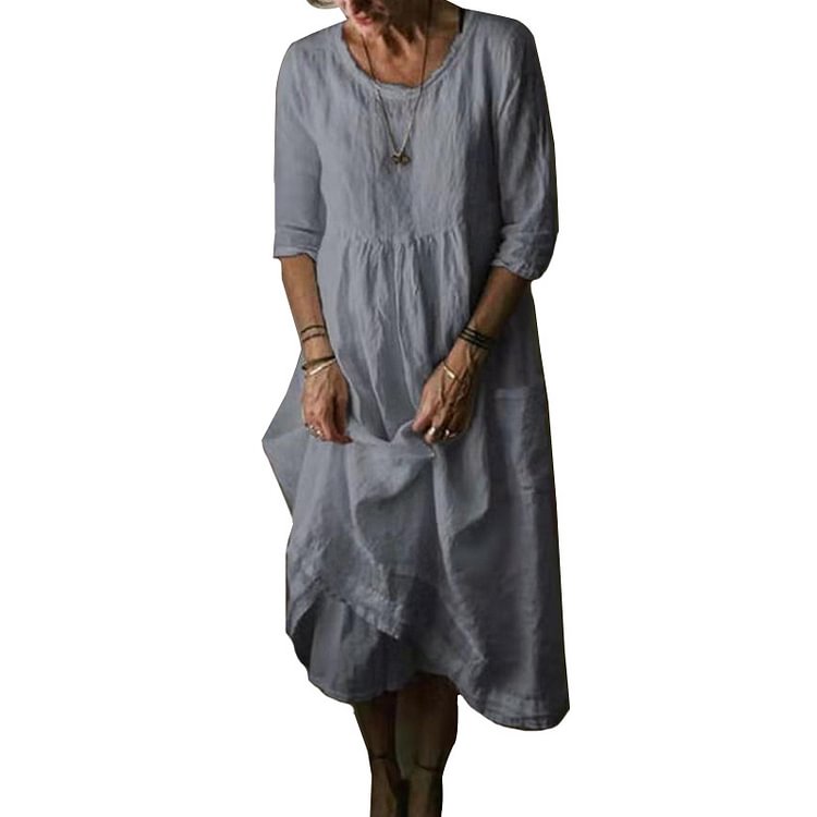 Women's Casual Crew Neck Linen Solid Maxi Dresses High Waist Pleated Dress Loose  Gown Literary