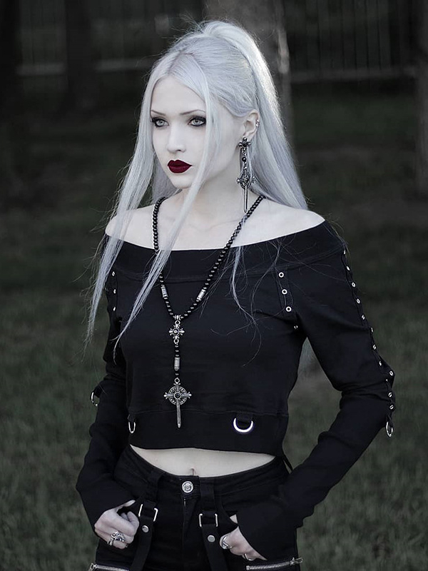 Goth Solid Slim Midriff-baring Off Shoulder Hoodie