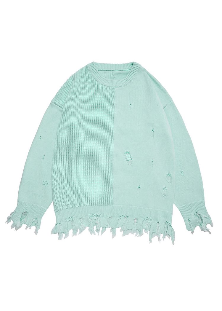 Trendy Solid Color Ripped Fringed Crew Collar Long Sleeve Sweater