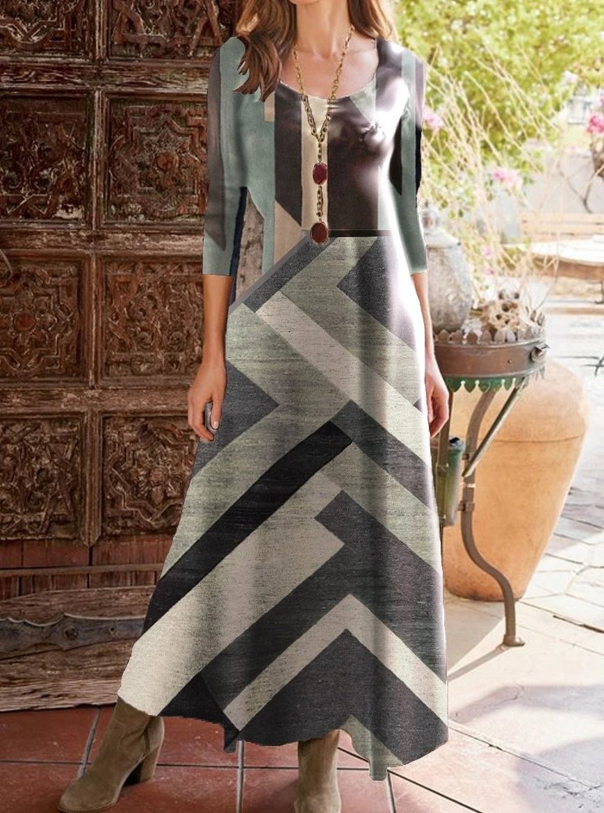 O-Neck Long Sleeve Striped Retro Print Maxi Dress-Corachic