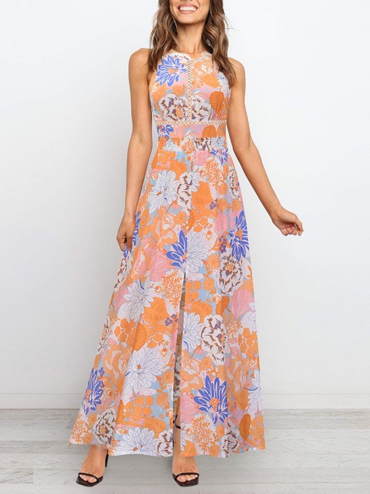 Halter lace up cross back blossom print front slit casual summer dress