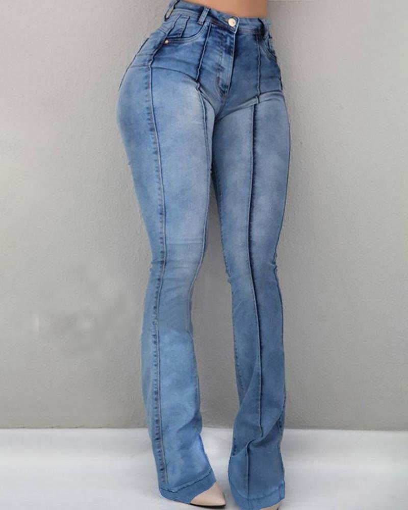 Solid High Waist Bell-Bottom Jeans P15145