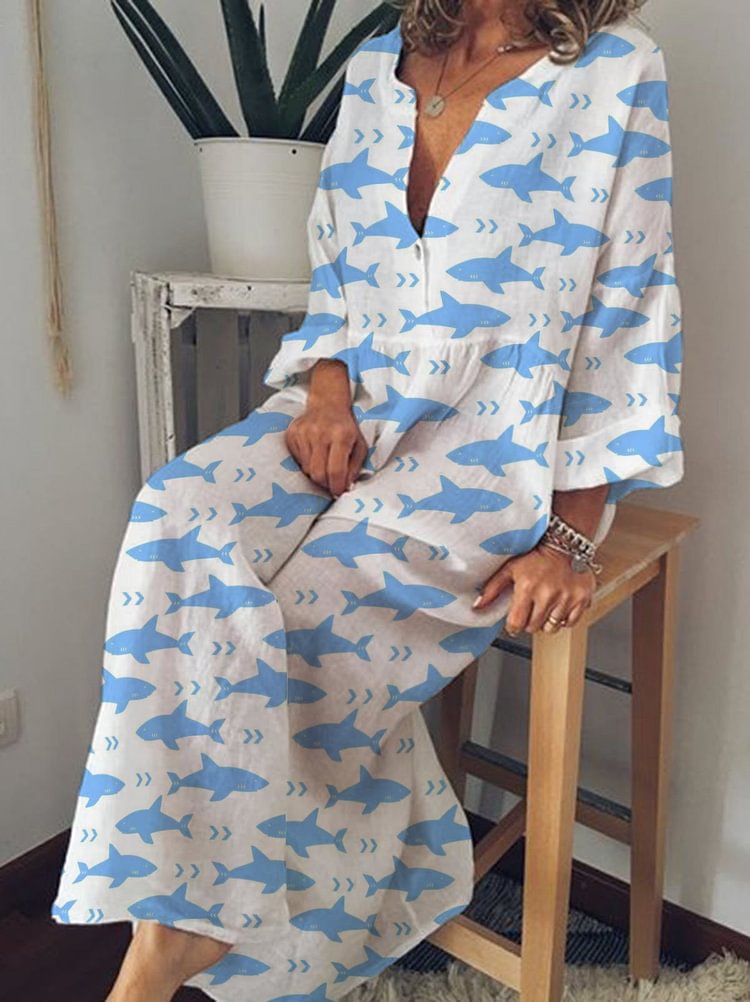 Women‘s  Shark Print V- Neck Long Sleeve Casual Dress-Mayoulove