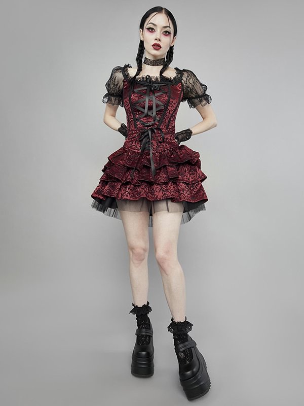Dark Goth Floral Drawstring Lace Paneled Two-piece Sets: Short Balloon Sleeve Slim Top + A-line Layered Mesh Paneled Skirt