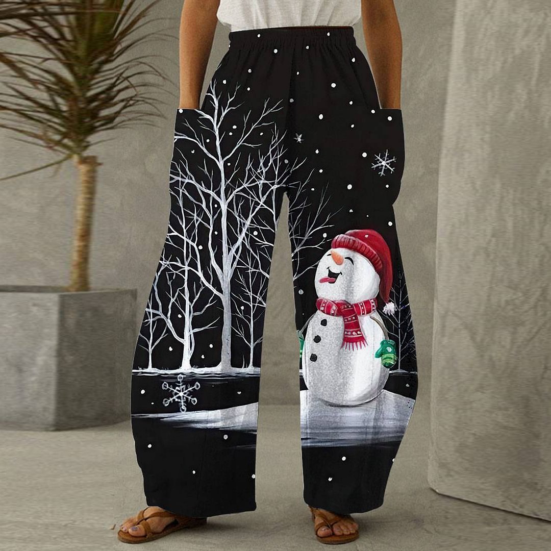 3d Printed Woods And Snowman Pattern Printed Women's Wide-leg Black Pants