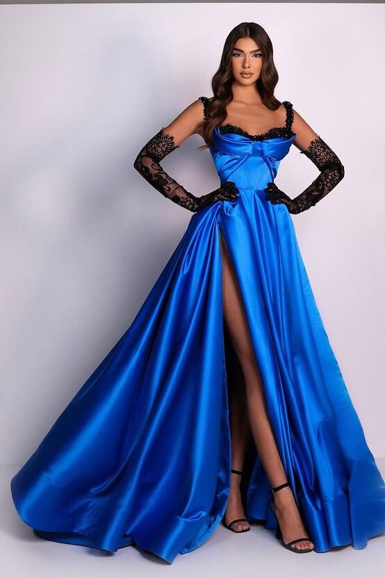 Luluslly Straps Ocean Blue Prom Dress Long Split With Appliques