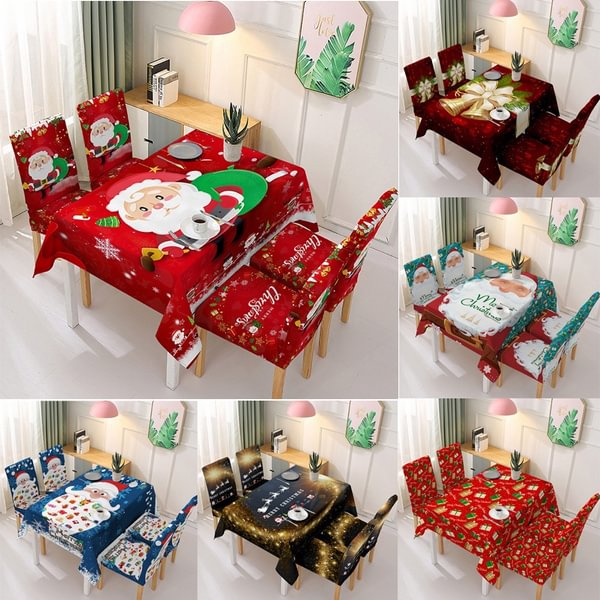 Christmas Waterproof Tablecloth Chair Set Kitchen Dining Table Decorations Santa Claus Print Table Chair Covers Christmas Ornaments