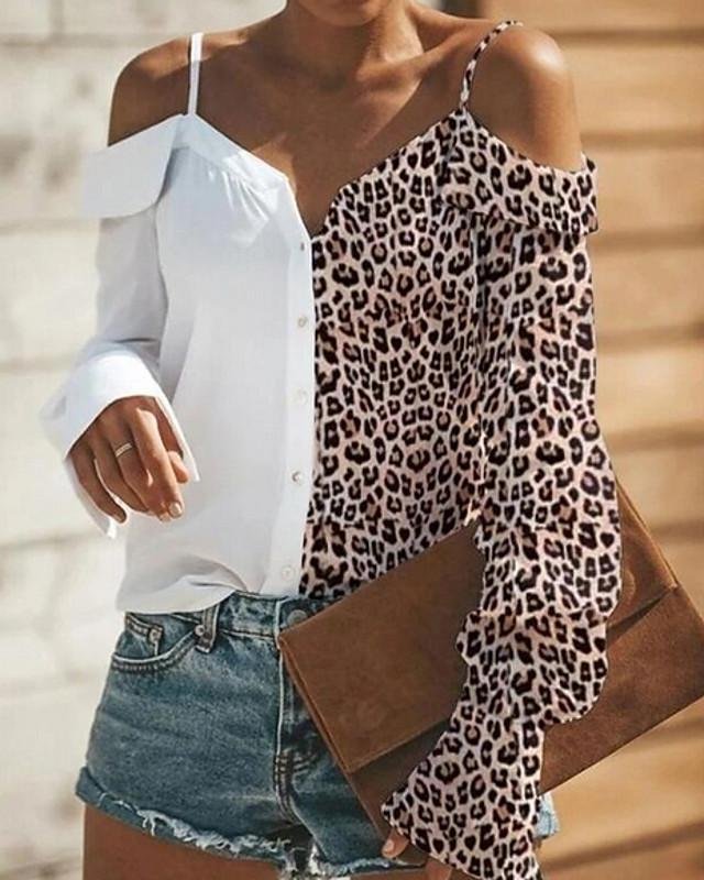 Women's Blouse Shirt Leopard Cheetah Print Long Sleeve Strap Tops Loose Basic Top White Black-0203822-Corachic