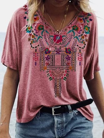 Floral v-neck ethnic short sleeves graphic tees