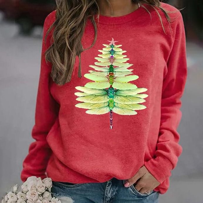 Dragonfly Christmas Tree Print All-match Sweatshirt