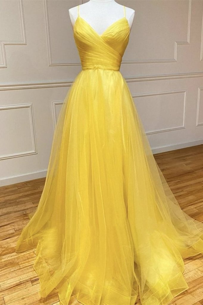 Luluslly Yellow Spaghetti-Straps Tulle Evening Dress String Back