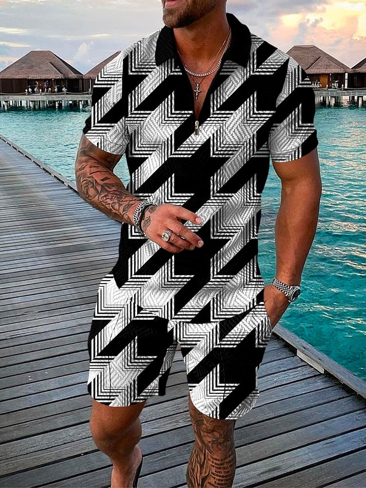 Men's Holiday Fashion Black and White Geometry Printed Polo Suit