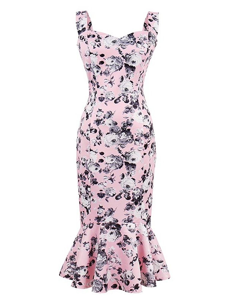 Mayoulove Sleeveless Bodycon Dress Pink Mermaid Floral Dress-Mayoulove