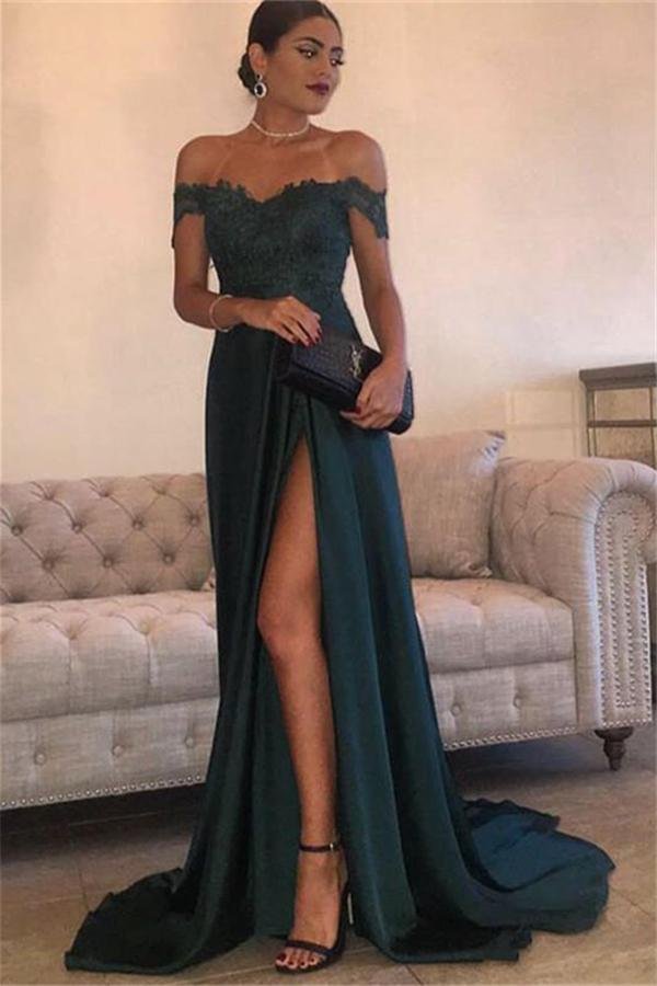 Luluslly Dark Green Off-the-Shoulder Prom Dress Lace With Slit