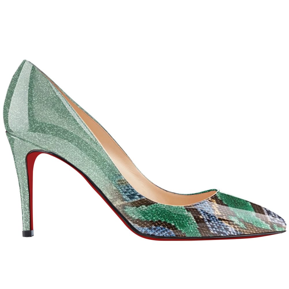 90mm Middle Heels Pointy Toe Pumps Green Gradient Color Patent-vocosishoes